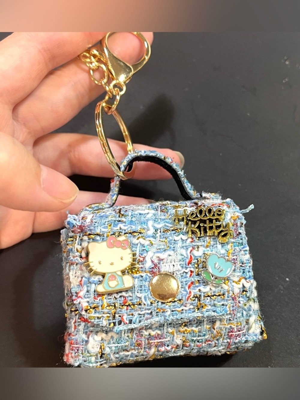 Hello Kitty Tweed Mini Bag Keychain - Light Blue, White & Gold